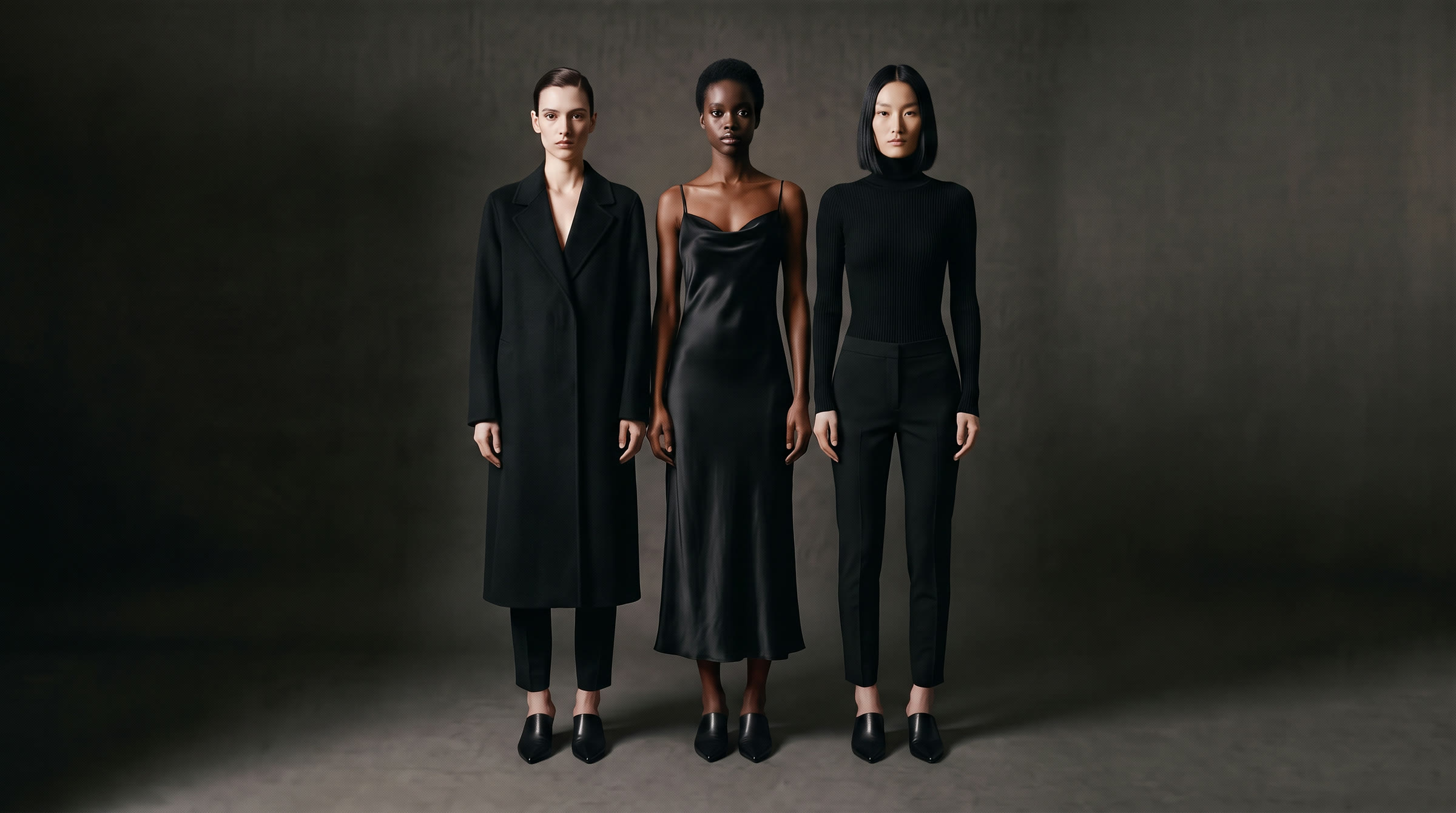 Three women in black standing side by side
