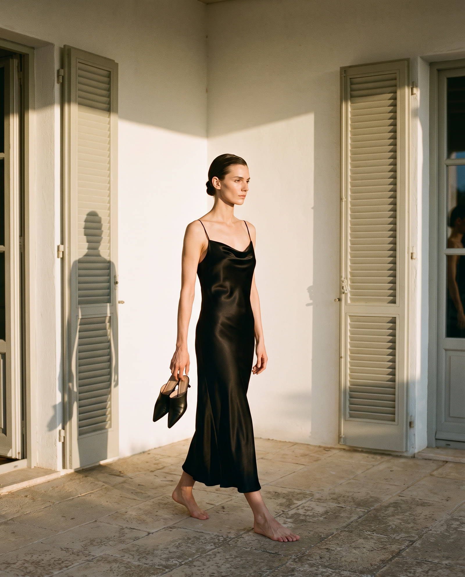 A woman in The Slip Dress walking barefoot through a sunlit villa